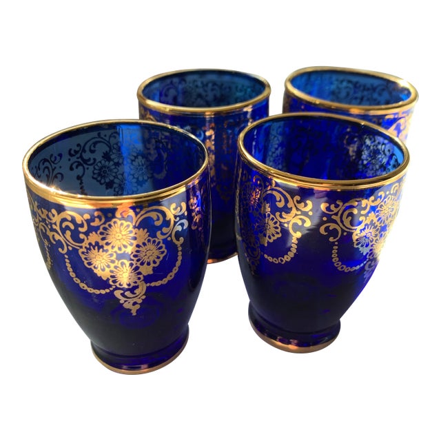 Vintage Italian Vecchia Murano Cobalt Blown Liqueur Glasses 22k Gold Set of 4 For Sale