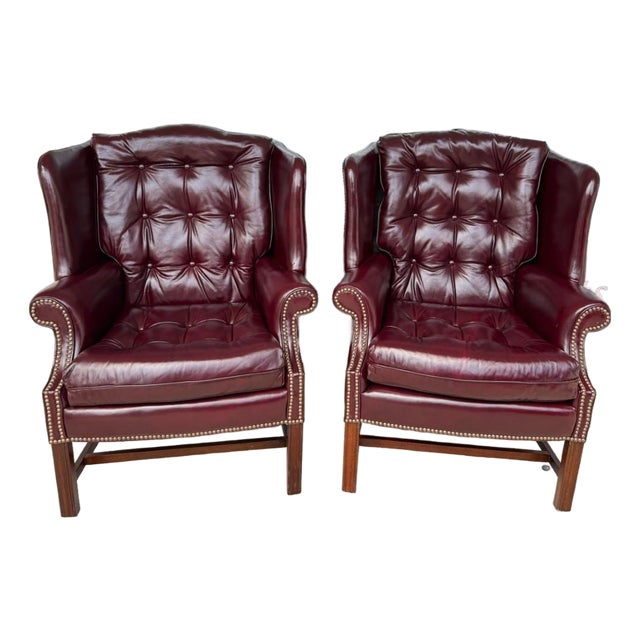Pair of Vintage Maroon Leather Wingback Chairs by Classic Leather For Sale