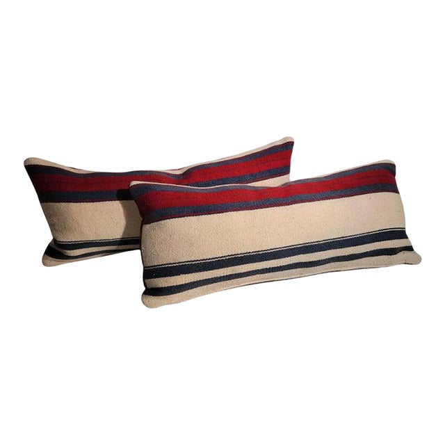 Mid 20th Century Striped Wool Mexican Weaving Elongated Kidney Pillows- Set of 2 For Sale