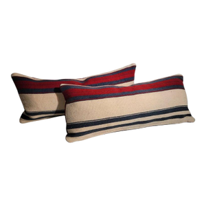 Mid 20th Century Striped Wool Mexican Weaving Elongated Kidney Pillows- Set of 2