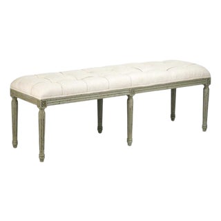 Louis Tufted Bench - Ivory Linen / Olive Painted Frame For Sale