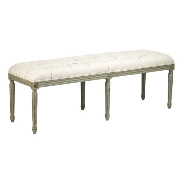 Louis Tufted Bench - Ivory Linen / Olive Painted Frame For Sale