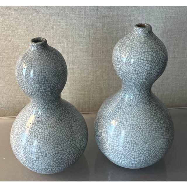 Vintage Japanese Raku Crackle Glaze Studio Art Pottery Showa Period Gourd Shape Vases - A Pair For Sale - Image 15 of 17