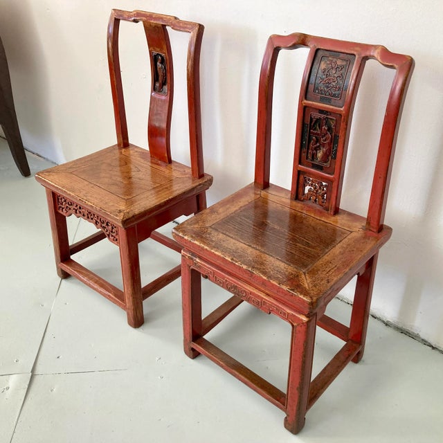 Chinese Wood Chinese Red Side Chairs - a Pair For Sale - Image 3 of 11
