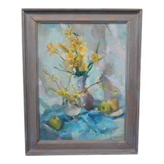 1960s Framed Original Oil Painting a Still Life With Daffodils and Pears by Marjorie Dean Andruk For Sale