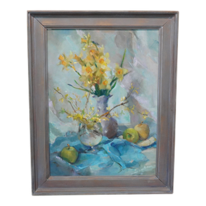 1960s Framed Original Oil Painting a Still Life With Daffodils and Pears by Marjorie Dean Andruk