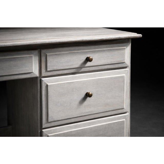 Vintage Solid Pine Scandinavian Style Limewash Double-Pedestal Writing Desk For Sale - Image 4 of 12