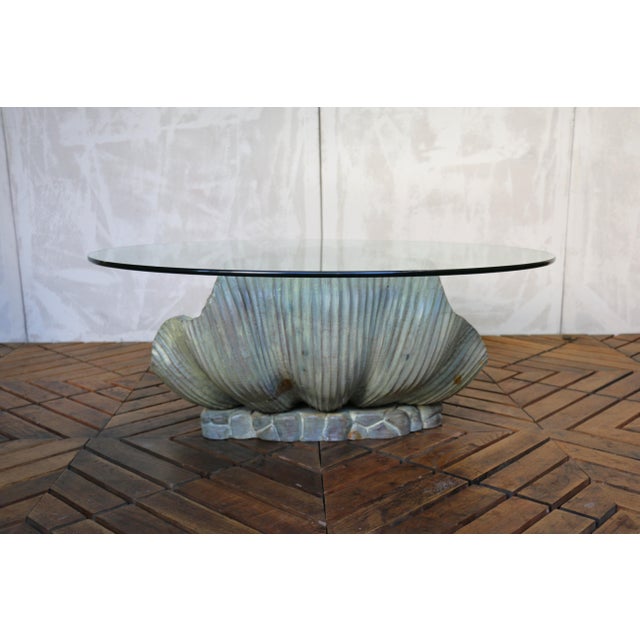 Pistachio Vintage Italian Carved Wood Shell-Form Coffee Table With Glass Top, 1970s For Sale - Image 8 of 18