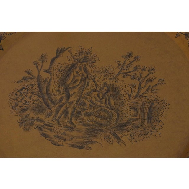 Art Nouveau Mid-Century Italian Tole Tray Table in Yellow With Pastoral Figural Scene For Sale - Image 3 of 14