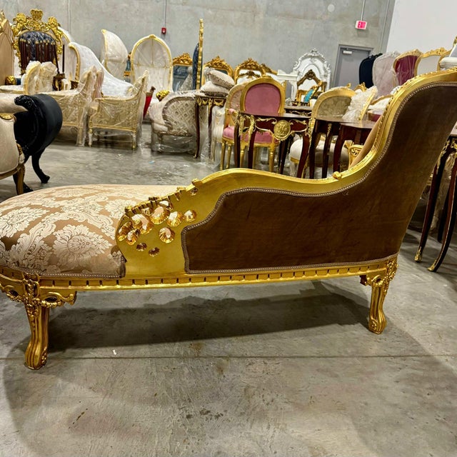 Chaise Lounge French Style Light Brown Velvet With Gold Details For Sale In Miami - Image 6 of 10