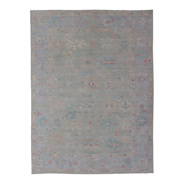 Modern Oushak Floral Motif Design in Light Green Background and Colorful Design For Sale