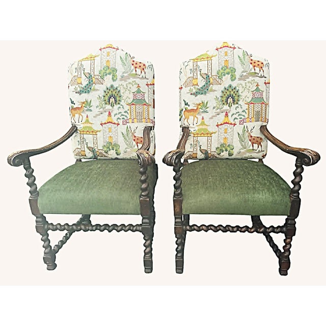 Sherrill Furniture Vintage Hacienda Chairs by Sherrill Reupholstered in P. Kaufmann Ayala Jasper Embroidery - A Pair For Sale - Image 4 of 5