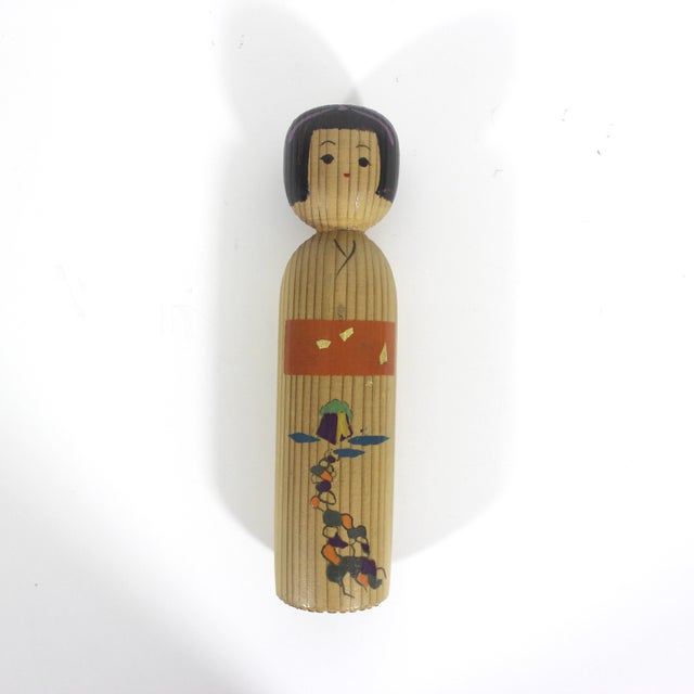 Brown Vintage Japanese Wood Kokeshi Doll Hand Painted and Signed For Sale - Image 8 of 9