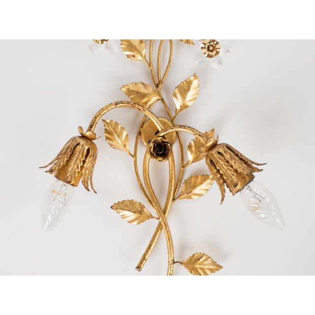 Metal 1960s Italian Florentine Gilt Metal Floral 2-Light Wall Sconce With Crystals For Sale - Image 7 of 10