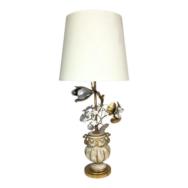 Gilt Lamp With 3-Dimensional Over-Scale Metal Flowers For Sale