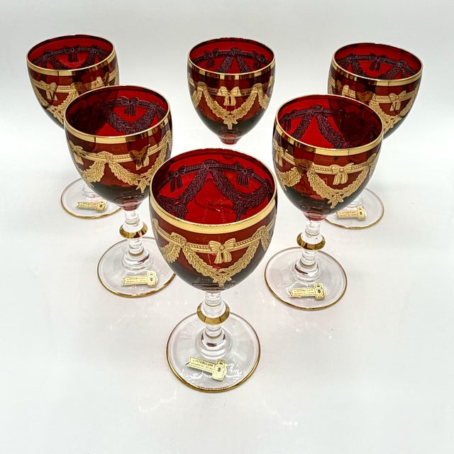 Vintage Italian Ruby Red Crystal Wine Goblets with 24k Gold Neoclassical Garlands by Interglass, 1980s, Set of 6 For Sale - Image 10 of 18