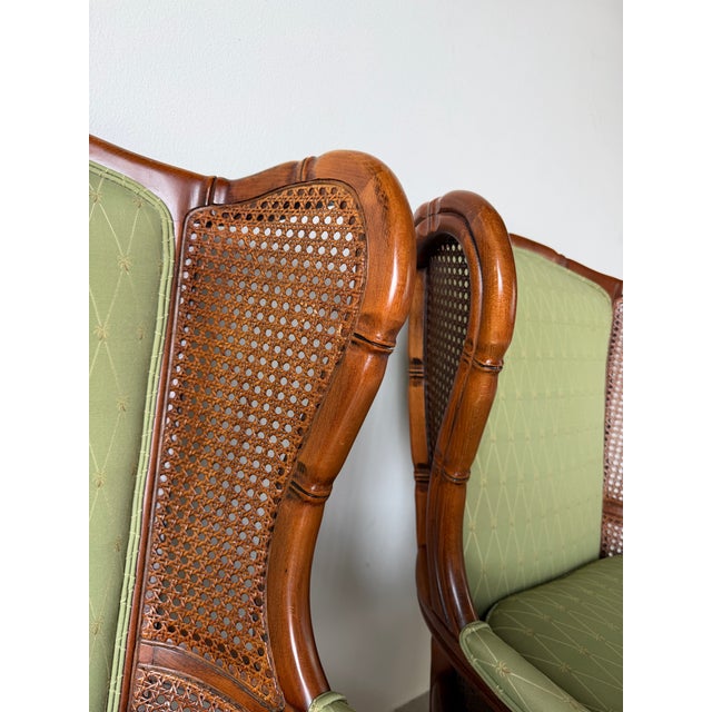 Wood Vintage Coastal Hollywood Regency Style Ethan Allen Faux Bamboo & Cane Wingback Bergère Chairs – A Pair For Sale - Image 7 of 12