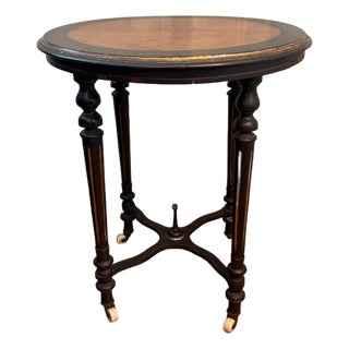 Antique Aesthetic Movement Ebonized Round Side Table With Burl Top and Gilt Accents For Sale