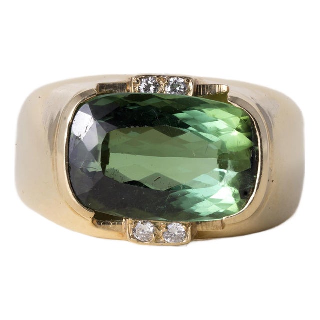 Vintage 18k Gold Green Tourmaline Elongated Cushion and Diamond Ring, Size 10.25 For Sale