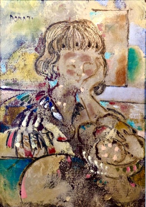 Lazzaro Donati, Large Italian Modernist Surrealist Lady Mod Oil Painting "La Ragazza Ungherese", 1963
