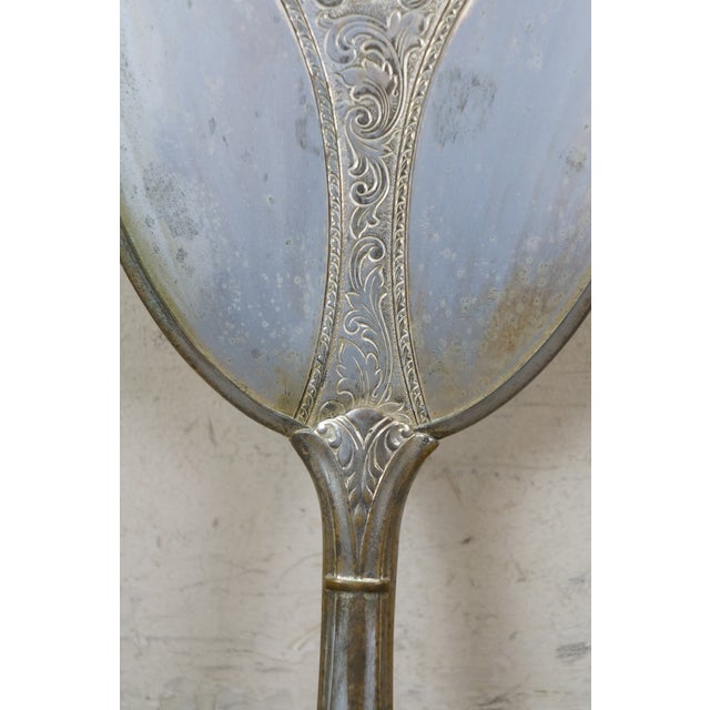 Antique Art Deco Etched Silverplate Floral Heart Hand Vanity Mirror 14" For Sale - Image 11 of 14