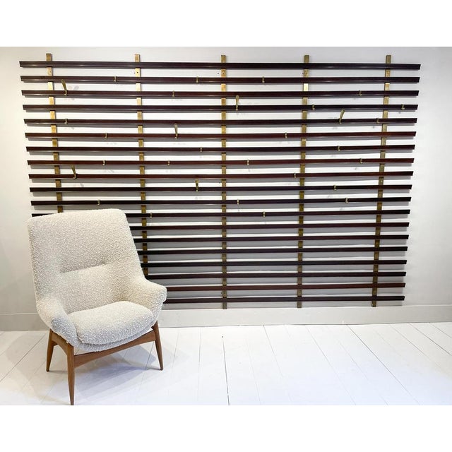 Brown Mid-Century Slatted Coat Rack with Brass Hooks attributed to Jules Wabbes, Belgium, 1950s For Sale - Image 8 of 10