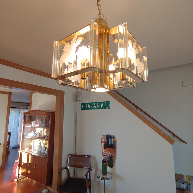 1980s Postmodern Fredrick Ramond Glass Brass Chandelier For Sale - Image 4 of 7