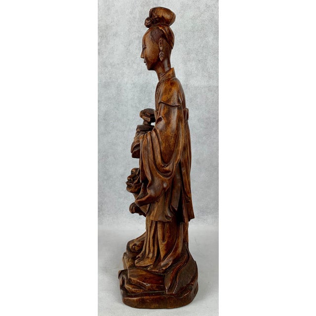 Carved Teak Chinese Female Figure With Removable Head Holding a Ruyi For Sale - Image 10 of 12