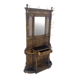 Carved Walnut Brass Cane Mirror Brass Hooks Coat Rack Umbrella Stand Console