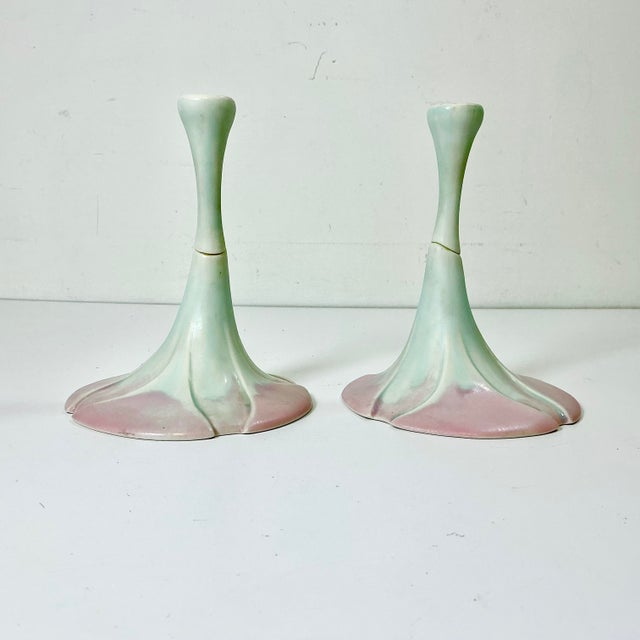 Celadon 1980s Vintage Art Nouveau Botanical Coastal Porcelain Candle Holders - A Pair, Artist Signed For Sale - Image 8 of 15