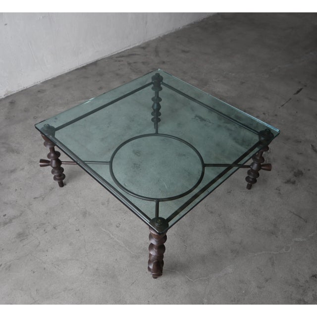 Rustic Giacometti Style Bronzed Finish and Glass Coffee Table For Sale - Image 3 of 5