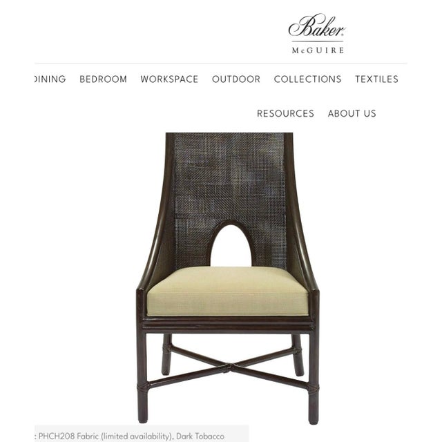 6 Barbara Barry, McGuire, Oval Back Cane and Rattan Dining Chairs. Chairs Have a Tobacco Black Rattan Frame With Upgraded Tan Linen Upholstery. For Sale In West Palm - Image 6 of 9