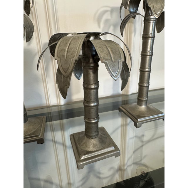 Vintage Coastal Regency Style Palm Tree Galvanized Aluminum Candlesticks, Set of 3 For Sale In Houston - Image 6 of 7