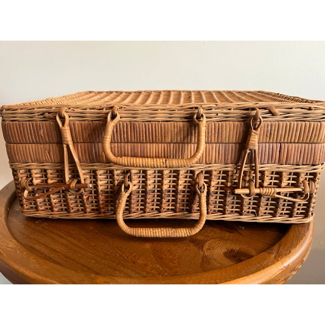 Mid 20th Century Vintage Wicker Picnic Basket/ Rattan Storage Case With Handles For Sale - Image 5 of 13