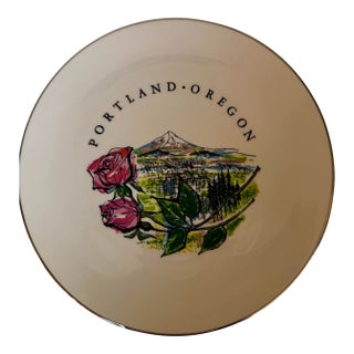 Portland, Oregon Illustrated Decorative Plate With Roses & Mt. Hood, Silver Rim For Sale