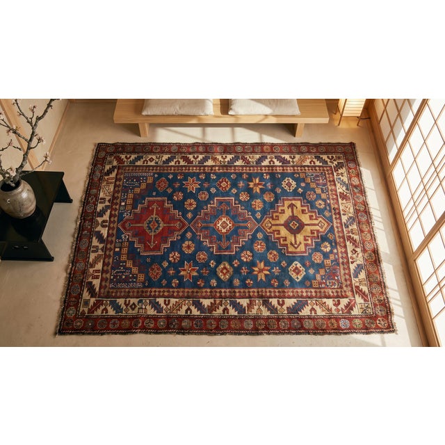 Navy Blue Tribal Geometric Design Small Size Late 19th Century Antique Caucasian Shirvan Carpet For Sale - Image 8 of 9