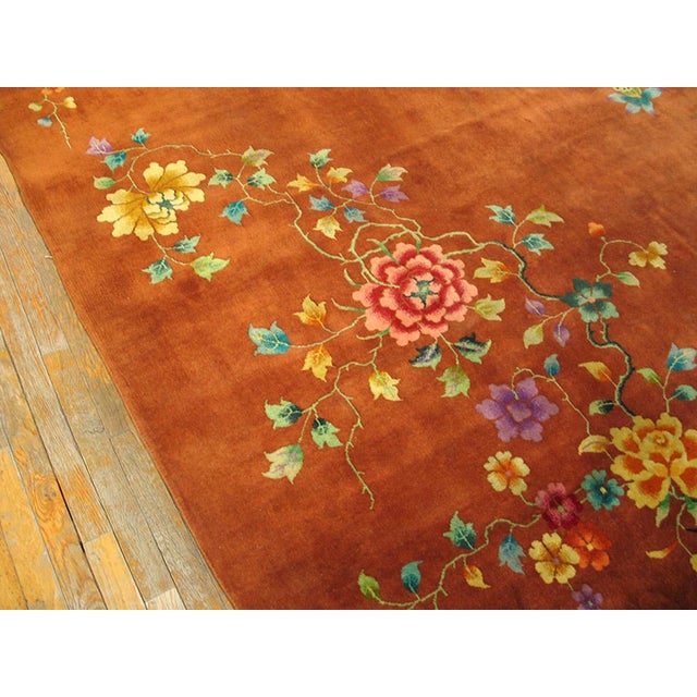 1920s Orange Floral Antique Chinese Art Deco Rug 9' X 11'6" Handknotted Wool Carpet For Sale In New York - Image 6 of 6