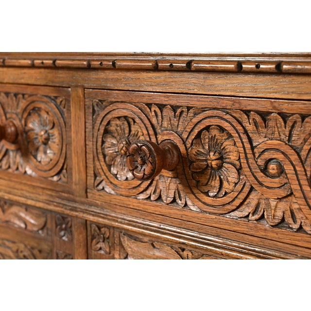Antique English Jacobean Carved Oak Bar Cabinet, Circa 1920s For Sale - Image 9 of 18