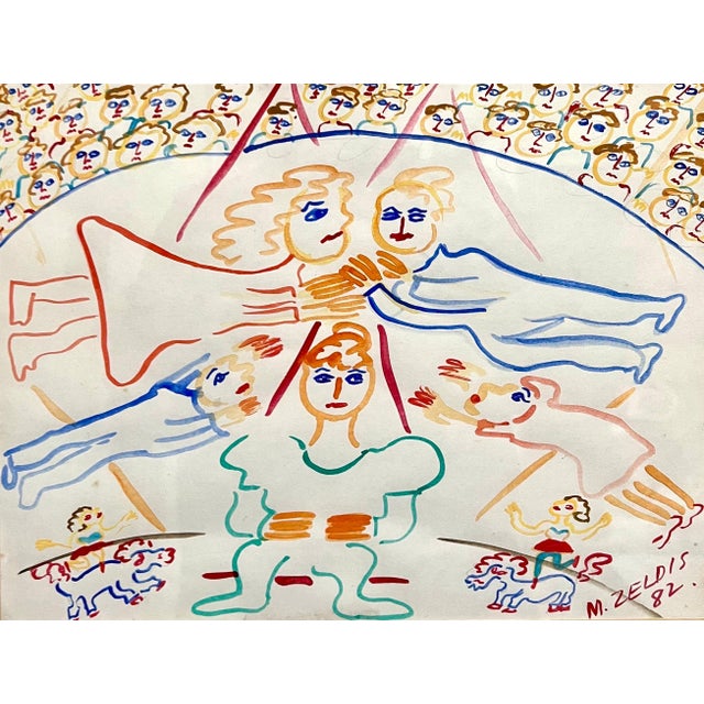1980s Malcah Zeldis, Malcah Zeldis Folk Art Gouache Painting Outsider Circus Trapeze Artist Acrobats, 1982 For Sale - Image 5 of 7