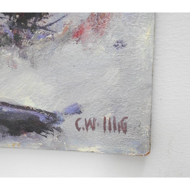 Vintge mid 20th century oil on masonite impressionist snowy winter river landscape painting by Carl W. Illig (1910 - 1987)...