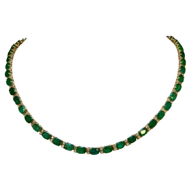 40 Carat Oval Brazilian Emerald & 3 Carat Diamond Tennis Necklace 14 Karat Gold For Sale - Image 15 of 18