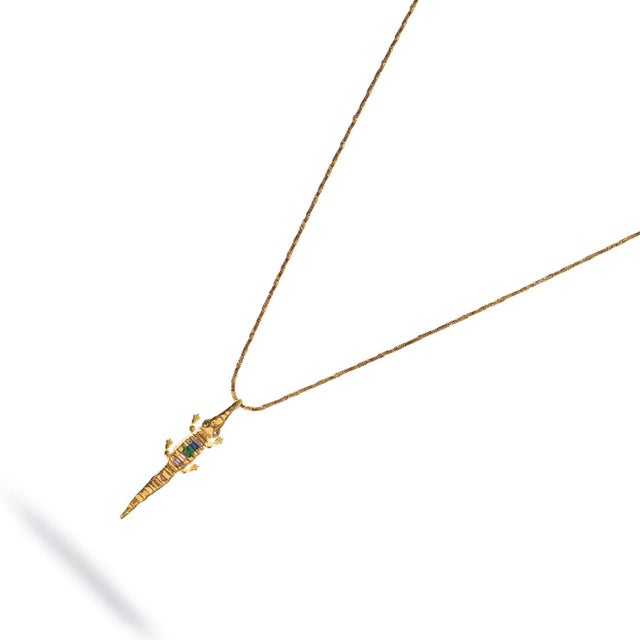 Metal Guardian Crocodile Multicolor Crystal Gold Necklace For Sale - Image 7 of 11