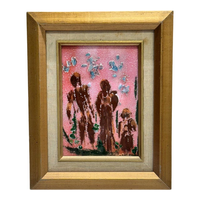 Vintage Mid-Century Abstract Figural Enamel Artwork in Gilt Wood Frame For Sale