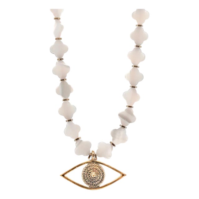 Evil Eye Pendant Pearl Clover Beaded Protection Necklace For Sale
