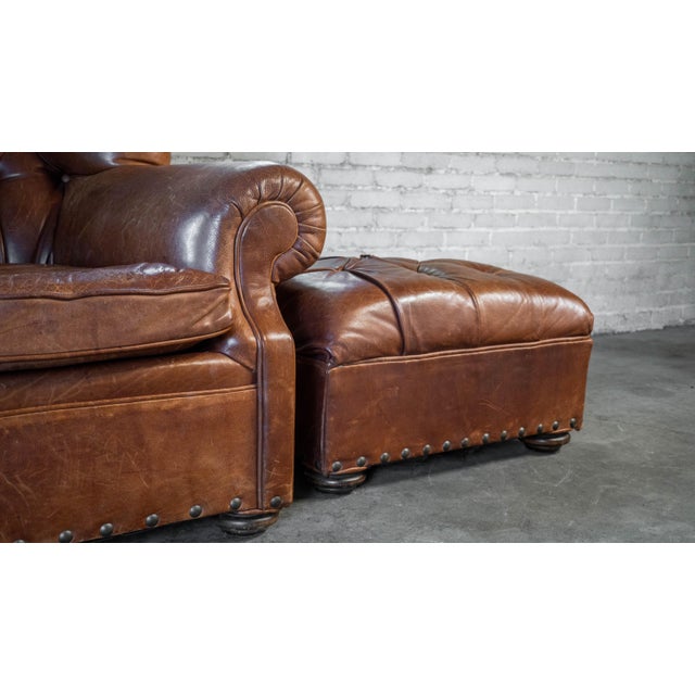 Restoration Hardware Churchill Cigar Leather Luxe Writer's Chair and Ottoman For Sale - Image 11 of 18