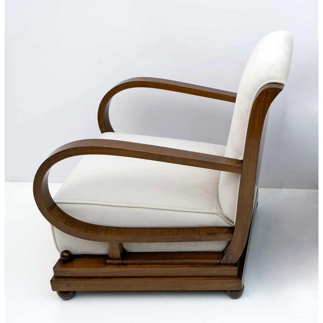 Art Deco Italian Walnut and Velvet Sofa, Armchair, and Ottoman, 1920s, Set of 3 For Sale - Image 11 of 13
