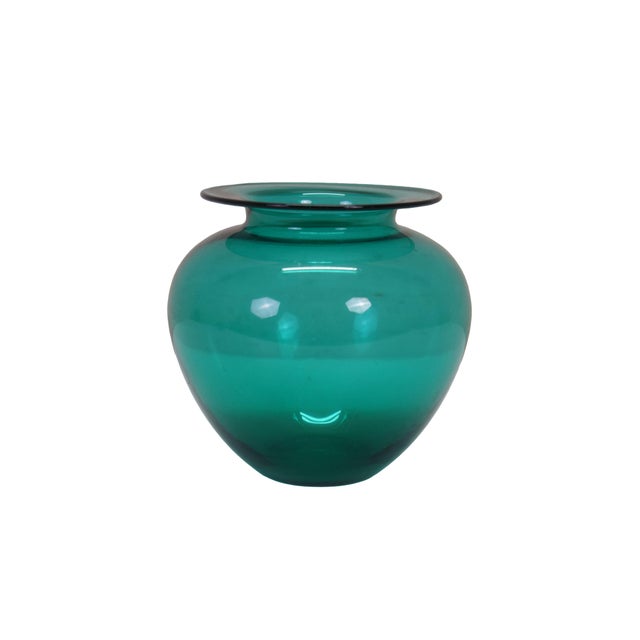 Vintage hand-blown teal glass vase / urn / or leech bowl featuring a rounded bulbous body and a wide, flat flared rim....