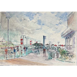 Mid 20th Century Original Watercolor Painting, Lively Boardwalk For Sale