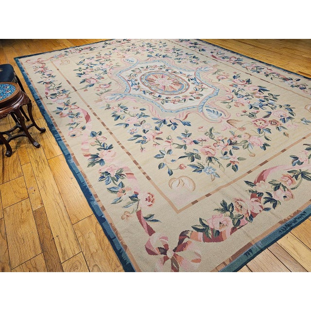 Textile Late 19th Century French Aubusson Needlepoint Carpet in Floral Pattern in Ivory, Green, Pink, Blue For Sale - Image 7 of 18