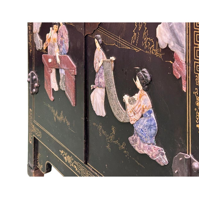 Vintage Chinoiseries Black & Stone Inlay Graphic End Table Nightstand For Sale - Image 10 of 15